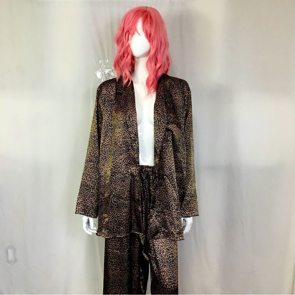 Morgan Taylor Womens Leopard Print Silky Pajama Shirt Pants Sleepwear Set 2X - Picture 4 of 14
